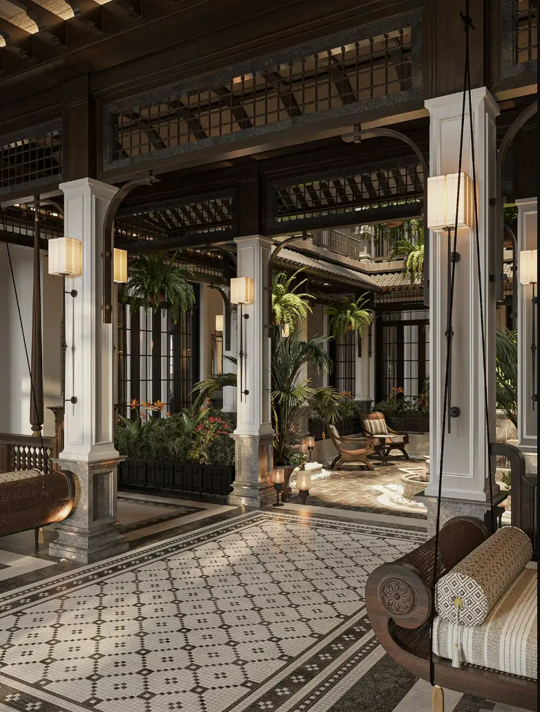 "phong cách nội thất Indochine - phòng khách gỗ mây tre JF Concept"