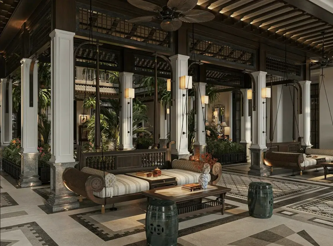 "phong cách nội thất Indochine - phòng khách gỗ mây tre JF Concept"