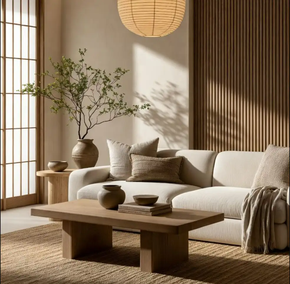 "phong cách nội thất Japandi - phòng khách gỗ sáng màu JF Concept"