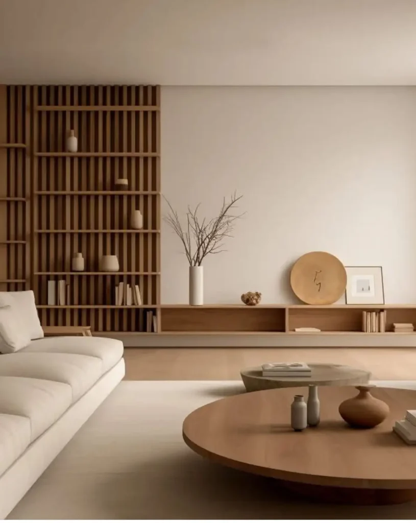 "phong cách nội thất Japandi - phòng khách gỗ sáng màu JF Concept"